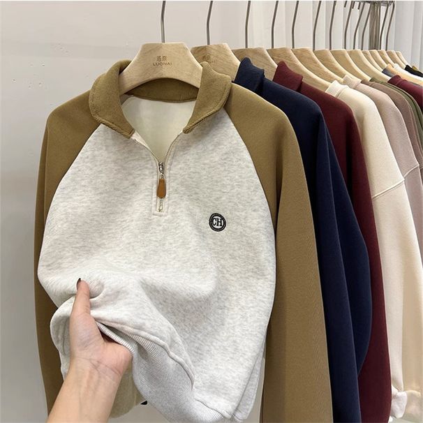 Real Shot Of Women's Casual Loose-fitting Polo Collar Sweatshirt With Contrasting Color Raglan Sleeves And Half-zip,_ecoleips.com