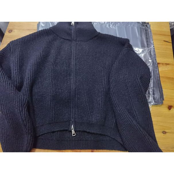 Wholesale Women's Short Coat With Collar And Double Zipper, Autumn Solid Color Loose Knit Cardigan Sweater_ecoleips.com