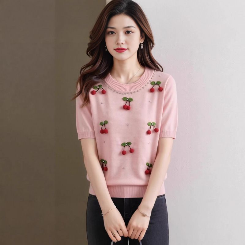 New Short Sleeved T Shirt With A Three Dimensional Pearl Design, Brand Discontinued, Youthful And Stylish Ice Silk Short Sleeved Top._ecoleips.com