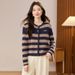 Striped Colorful Round Neck Single Button Knit Cardigan Women's Autumn Casual Sweater Jacket Long Sleeve Outerwear_ecoleips.com