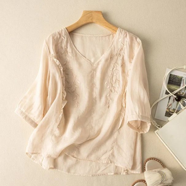 Summer Embroidered Cotton-Linen Blouse With Loose Fit, Artistic Retro Style And Seven-Quarter Sleeves In China-Inspired_ecoleips.com