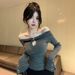 girl Gray Design Sense Knitted Sweater For Women, Spring New Chic Off-Shoulder Slim Fit Long Sleeve Top_ecoleips.com