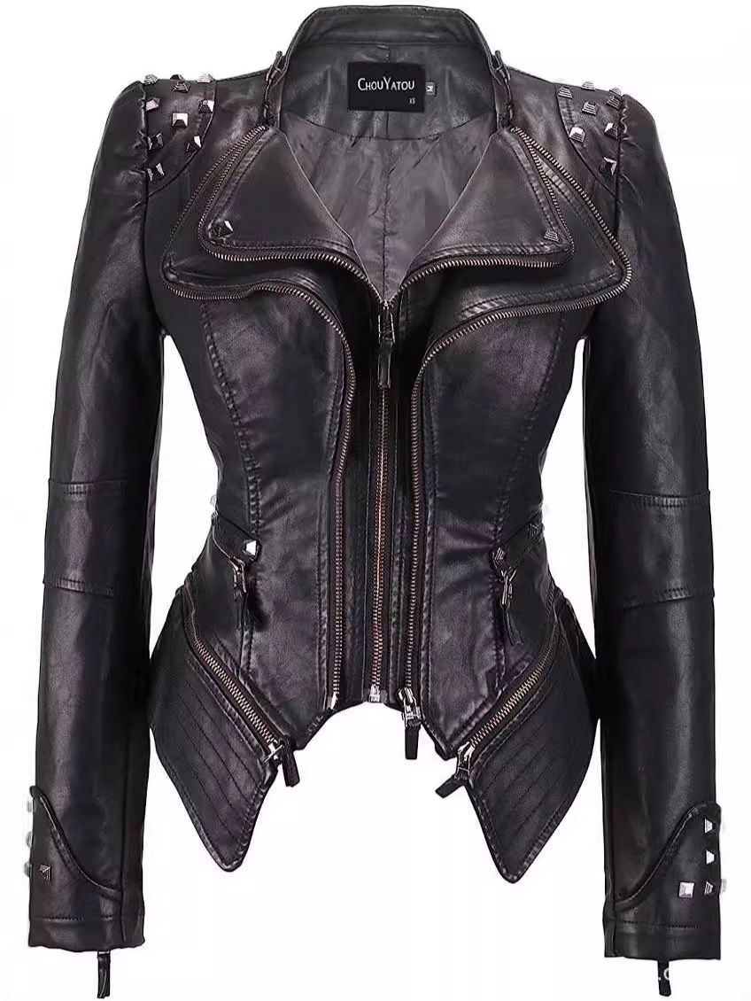 K Leather Jacket Women's New Suit Collar With Rivets, Waist Cinched Short Leather Jacket_ecoleips.com