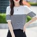 2026 Summer New Women 100% Cotton Knit Striped Round Neck T-Shirt Women Clothing Tops Short Sleeve Sweater Casual Basic Pullover_ecoleips.com
