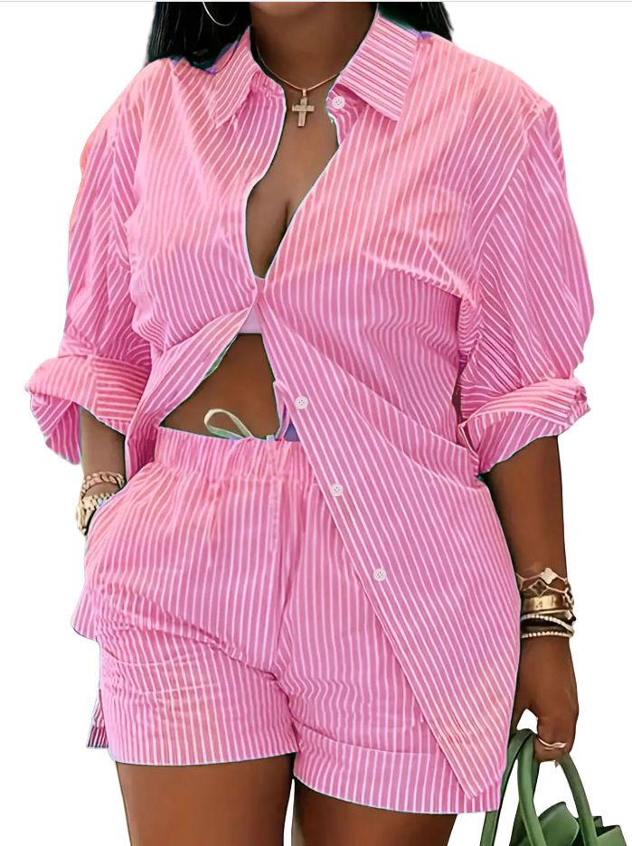 Oversized Casual Print Shirt & Shorts Set – Trendy Loose Fit Two-Piece For Plus Size Women_ecoleips.com