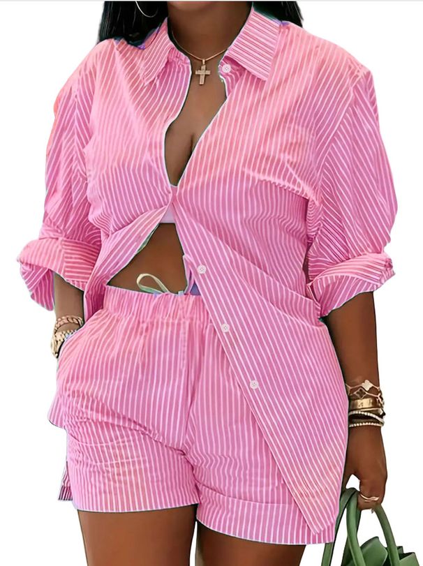 Oversized Casual Print Shirt & Shorts Set – Trendy Loose Fit Two-Piece For Plus Size Women_ecoleips.com