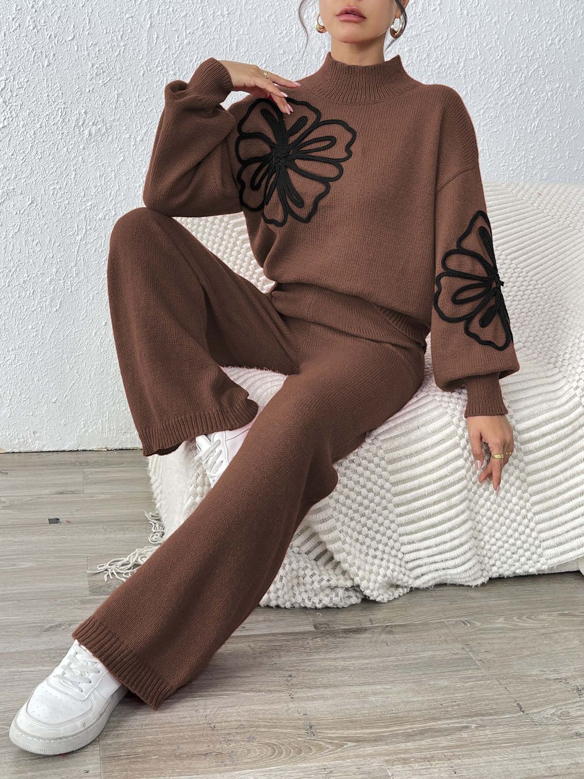 Elegant Women's Autumn Winter Outfit - Embroidered Ribbon Lantern Sleeve Sweater With Wide Leg Pants Set_ecoleips.com
