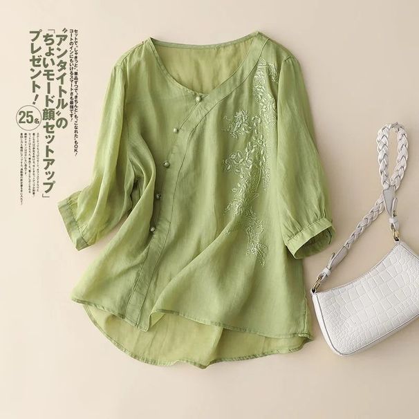 Purple Short-Sleeved Cotton-Linen Shirt For Women Designed To Slim The Figure; Suitable For Those Who Are Slightly Ove_ecoleips.com
