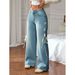 Women's Clothing Plus Size Side Ribbon Stretch Jeans - Flowy Straight Leg Denim Pants With Adjustable Waist Tie_ecoleips.com