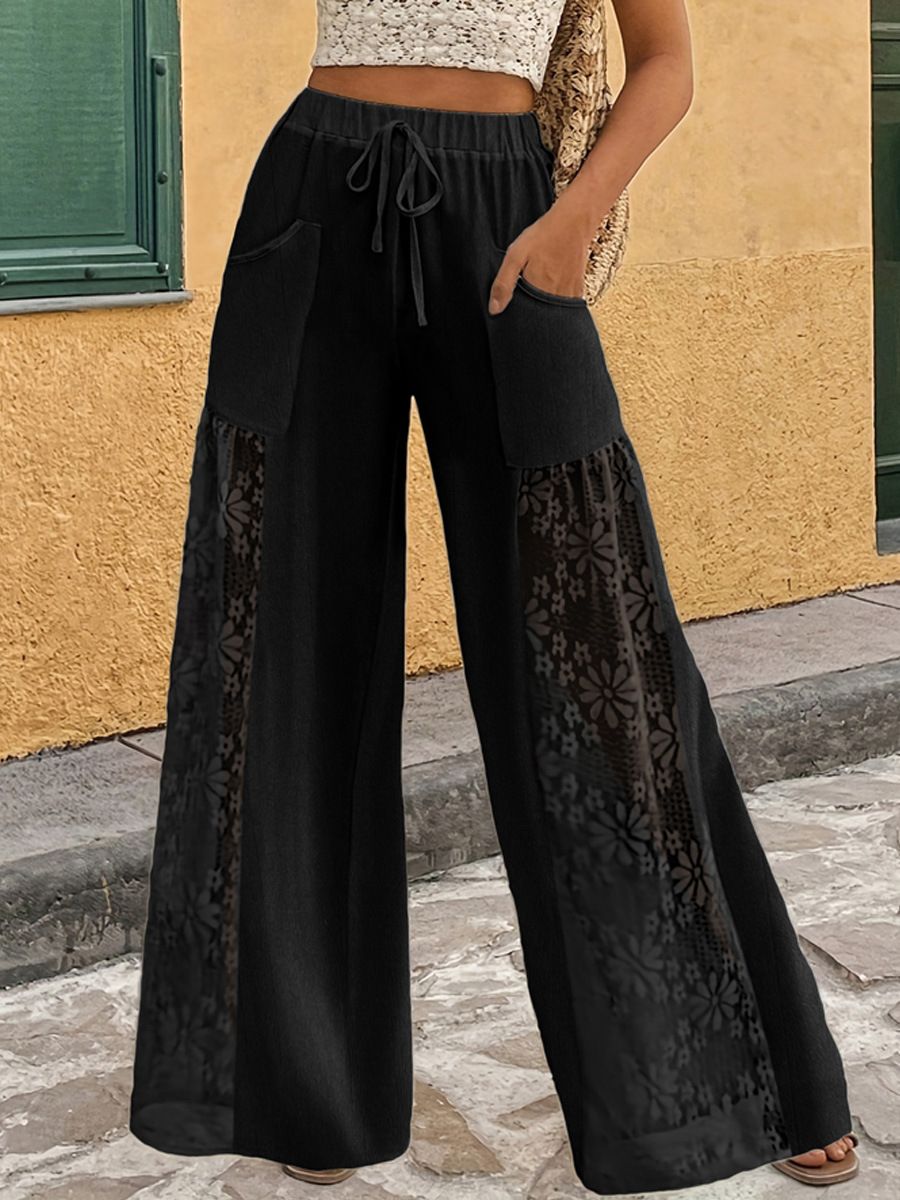 Women's Wide Leg Pants Solid Color Casual Lace Splicing Design Fashion_ecoleips.com
