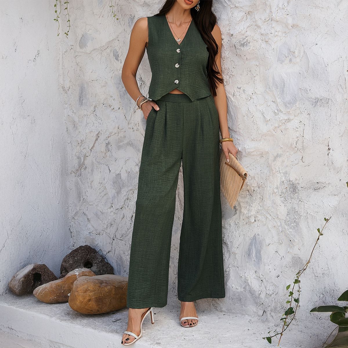 Women's Clothing Spring And Summer Leisure Commuting Vacation Style Solid Color Vest Wide Leg Trousers Suit_ecoleips.com