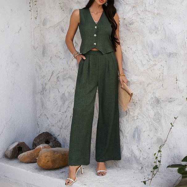 Women's Clothing Spring And Summer Leisure Commuting Vacation Style Solid Color Vest Wide Leg Trousers Suit_ecoleips.com
