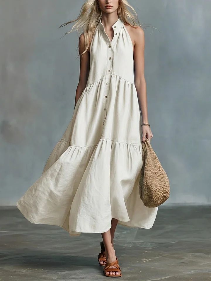 Women Summer French Style Linen Sleeveless Halter Dress Loose Fit A Line Casual Dress For Women Fashion Daily Wear_ecoleips.com
