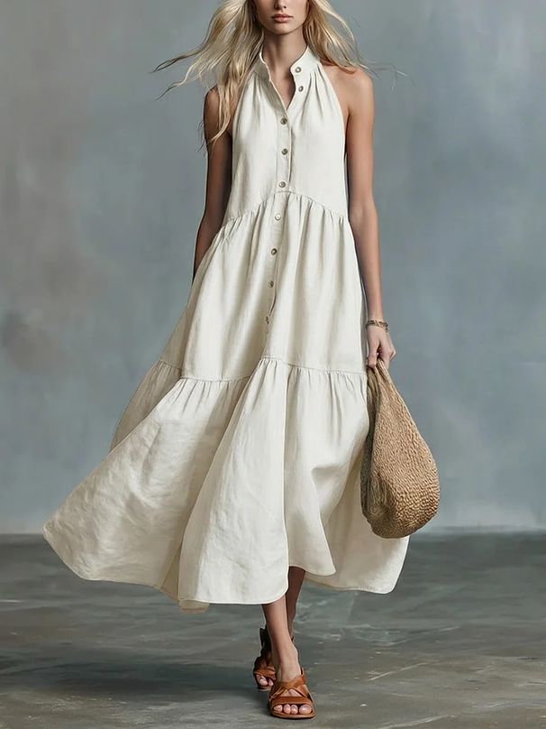 Women Summer French Style Linen Sleeveless Halter Dress Loose Fit A Line Casual Dress For Women Fashion Daily Wear_ecoleips.com