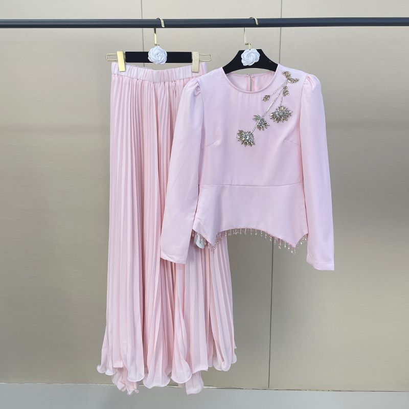Elegant Two-Piece Set: Embellished Pleated Maxi Skirt & Top, Waist-Defining Outfit For Women, Soft Pink_ecoleips.com