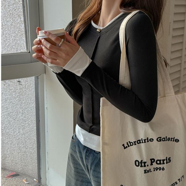 Women's Clothing Long Sleeve T-Shirt Round Neck Faux Two Piece Base Shirt High End Brushed Top For Autumn Winter Regular Fit_ecoleips.com