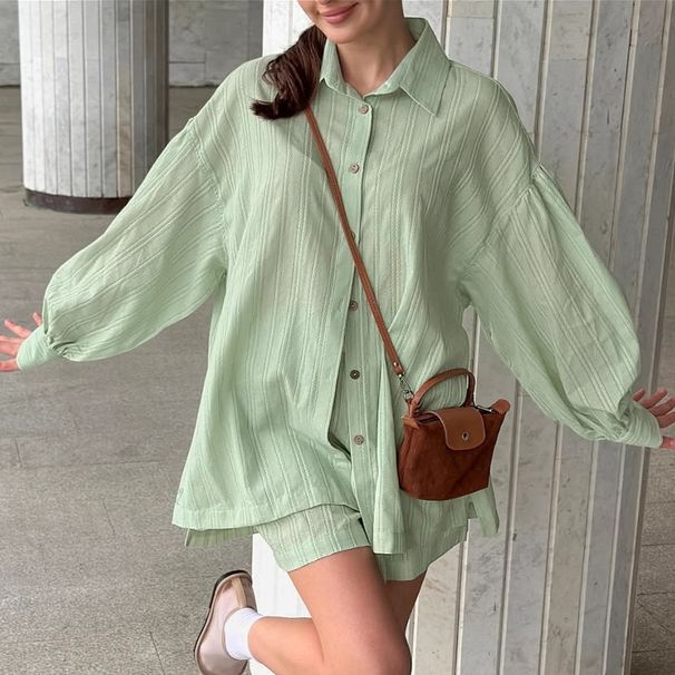 Green Cotton Jacquard Breathable Loose Long Sleeve Shorts Pajamas Two-Piece Set European And American Autumn New_ecoleips.com