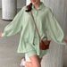 Green Cotton Jacquard Breathable Loose Long Sleeve Shorts Pajamas Two-Piece Set European And American Autumn New_ecoleips.com