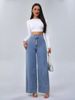 K Versatile Straight Tube Loose High Waisted Double Button Solid Color Women's Jeans_ecoleips.com