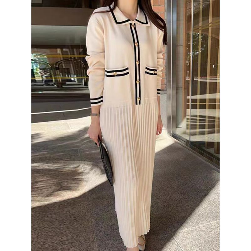 Women's Style Chic Retro Color Block Knit Dress Elegant Pleated Loose Long Skirt_ecoleips.com