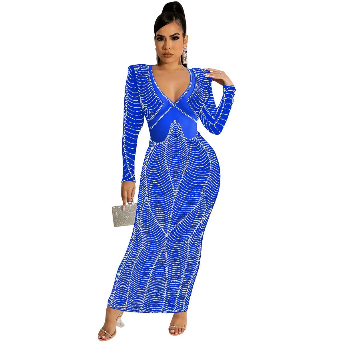 Women's Clothing sexy nightclub hot diamond mesh see-through V-neck long-sleeved long skirt dress for women_ecoleips.com