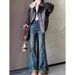 Retro Blue Frayed Hem Flared Jeans For Women, New Spring-summer High-waisted Slimming Design With Hip-covering Slit_ecoleips.com