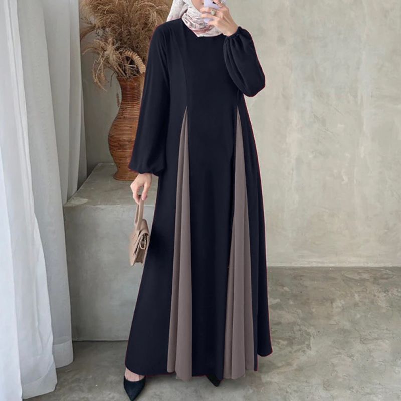 ZANZEA Women Color Block Patchwork Maxi Dress Fake Two-Piece Islamic O Neck Muslim Long Dresses Long Sleeve 2024 Fall Abaya Robe_ecoleips.com