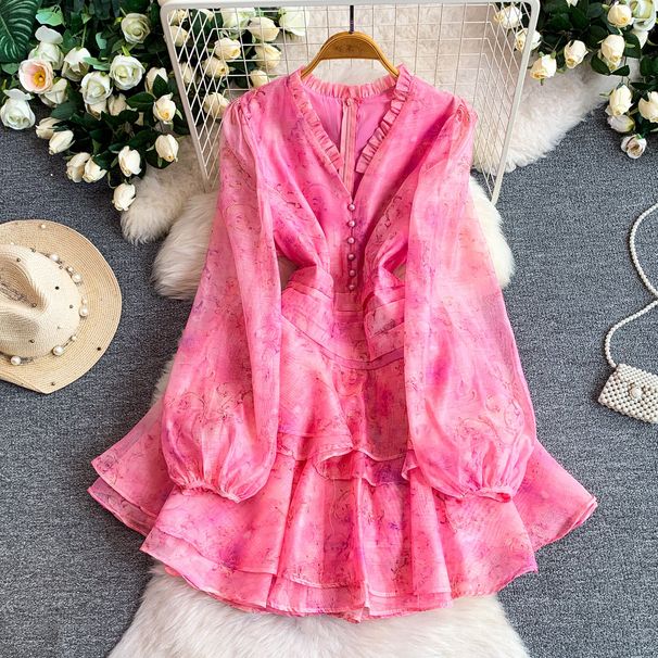 Luxury Yellow V Neck Dress for Women Dopamine Style Lantern Sleeve Chiffon Print Ruffled Cake Design Niche Super Fairy Fashion_ecoleips.com
