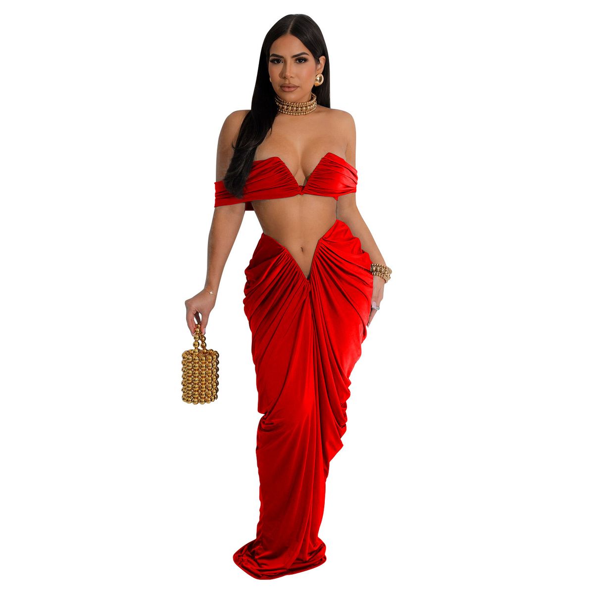 Women's Clothing fashion women's solid color sexy tube top pleated skirt two-piece set_ecoleips.com
