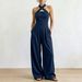 Women's Clothing Elegant Off-Shoulder Sleeveless Crossover Halter Jumpsuit Solid Color Woven Striped Waist Cinching Wide Leg Pants For Women Summer_ecoleips.com