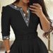 Elegant V-Neck Long Sleeve A-Line Dress With Waist Belt & Rhinestone Details – Women's Fall Winter Formal Office Dress_ecoleips.com