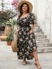 Women's Clothing Retro Square Neck Print Large Size Short Sleeve Dress_ecoleips.com