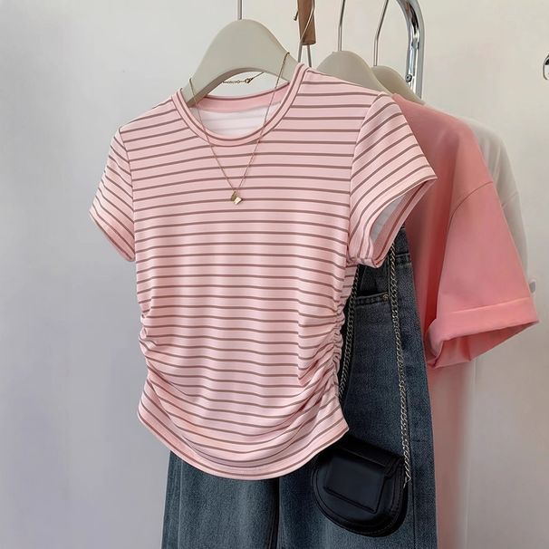 Women's European American Style Striped Short Sleeve Summer Top Slim Fit T-Shirt Outerwear Casual Fashion_ecoleips.com