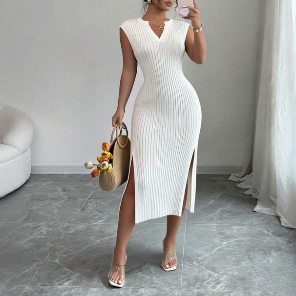 Women's White V-Neck Sleeveless Elastic Sundress Knit Bodycon Maxi Dress Solid Side Slit Casual Summer Daily Party Long Dress_ecoleips.com