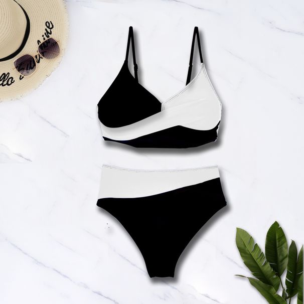 Women's Clothing Women's Sexy High-Waisted Color Block Bikini Swimsuit 2 Piece Set European And American Style For Formal & Casual_ecoleips.com