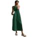 Summer Long Dress For Women With Green Cotton-Linen Loose-Fitting Skirt And Split-Backed Braided Straps_ecoleips.com
