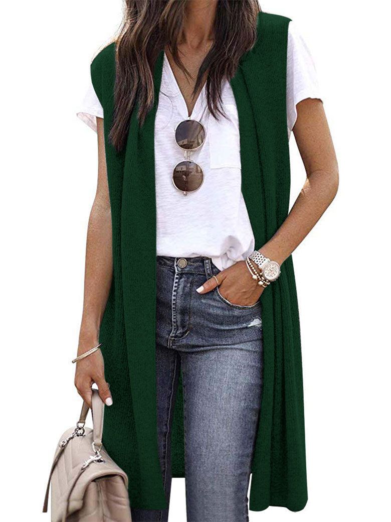 Women's Sleeveless Vest Cardigan Mid-Length Fashion Trend 2023 European American Style Polyester Spring/Summer Elegant England Style_ecoleips.com