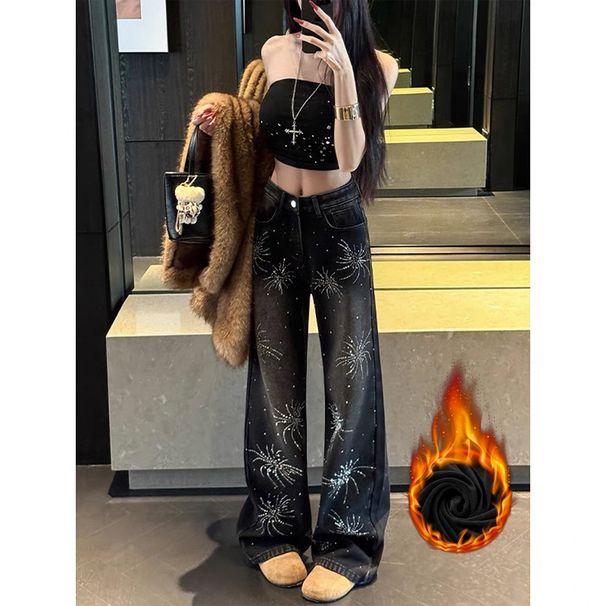 Women's Clothing High-Waisted Wide Leg Straight Jeans Fleece Lined Black Floral Print Rhinestone Detail Floor-Length Autumn/Winter_ecoleips.com