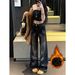 Women's Clothing High-Waisted Wide Leg Straight Jeans Fleece Lined Black Floral Print Rhinestone Detail Floor-Length Autumn/Winter_ecoleips.com