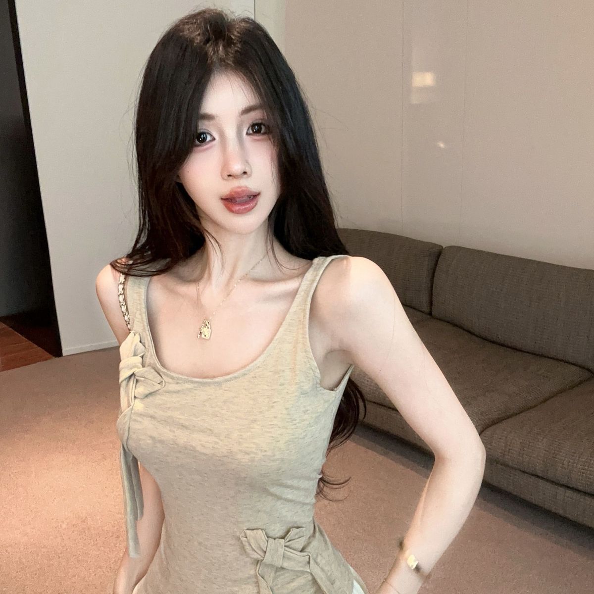 Summer Casual Style Tie-up Asymmetrical Short Camisole For Women, Summer Waist-cinching Slimming Versatile Fitted Top_ecoleips.com