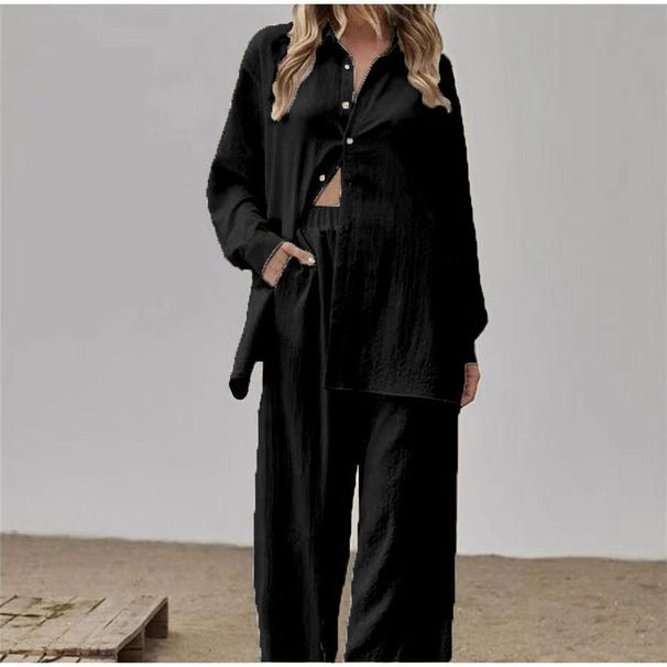 Women's Clothing Long Sleeved Temperament Commuter Skin Color Wrinkled Cloth Solid Color Long Shirt And Wide Leg Pants Suit For Women_ecoleips.com