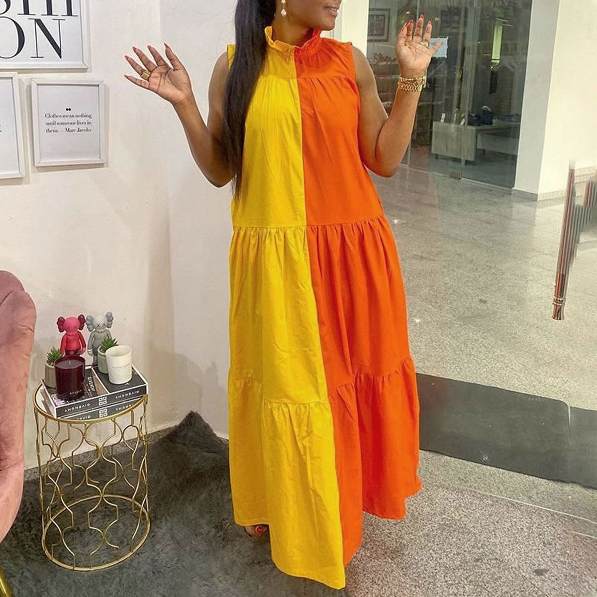 Women's Clothing Sexy Pleated Slim Fit Loose Contrast Color Dress Sand_ecoleips.com