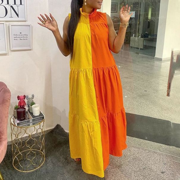 Women's Clothing Sexy Pleated Slim Fit Loose Contrast Color Dress Sand_ecoleips.com