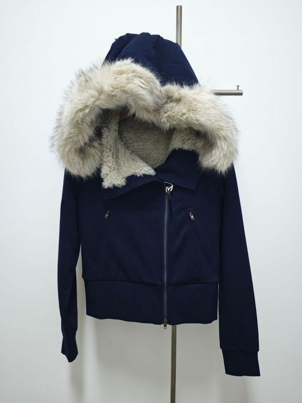 girl Niche Design Autumn Winter New Hooded Fur Collar Diagonal Plush Inner Cotton Jacket Navy Blue/Black/Gray_ecoleips.com
