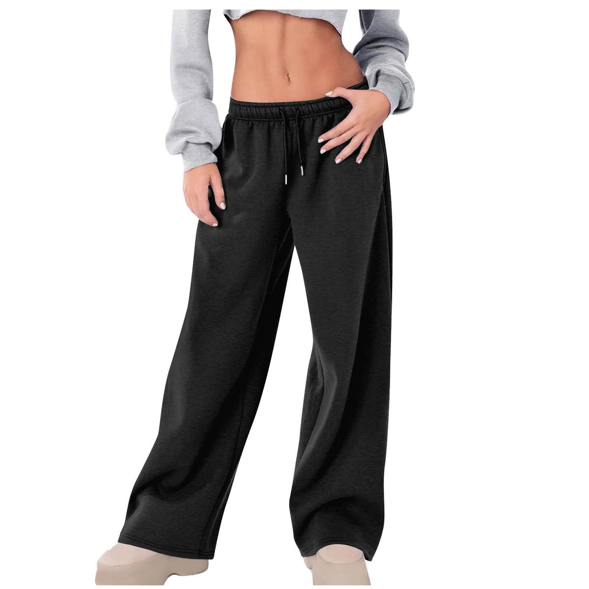 Women's Fleece Lined Casual Straight Leg Sports Pants Solid Color Autumn Winter European American Style_ecoleips.com
