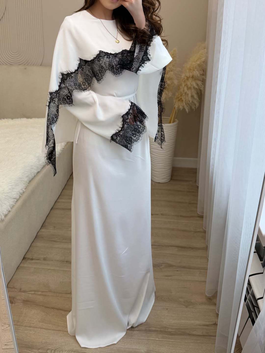 Elegant Lace Trim Long Sleeve Dress Slimming A-Line Wrap Style for Women in Silver Gray Black White Sizes S M L XL_ecoleips.com