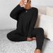Women's Casual Ribbed Long Sleeve Top & Pants Set - Soft Stretch Polyester Blend, Comfortable Loungewear, Plus Size Available_ecoleips.com