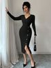 K Dress With Waist Cinching, Mid Length, Hip Hugging Design, And A Tight Knit Dress With A Base Underneath_ecoleips.com