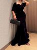 Women Sexy Sweetheart Neck Mermaid Dress Elegant Hight Waist Velvet Slim Prom Gowns Dress Casual Short Sleeve Solid Long Dress_ecoleips.com