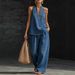 Women's Retro Distressed Washed Denim Suit Straight Leg Casual Trousers American Style Summer New_ecoleips.com